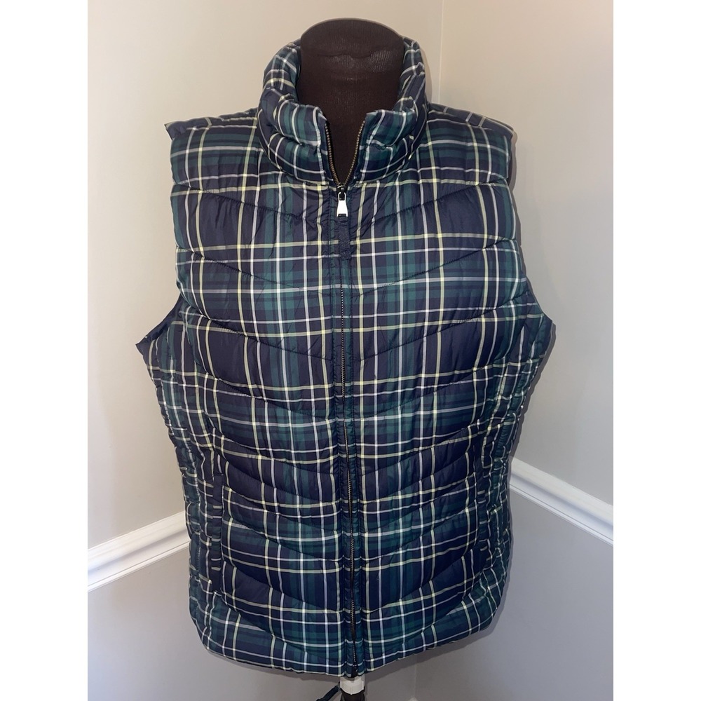 Talbots Classic Quilted Puffer Vest Blue Green Plaid XL Zip Cabin Outdoor